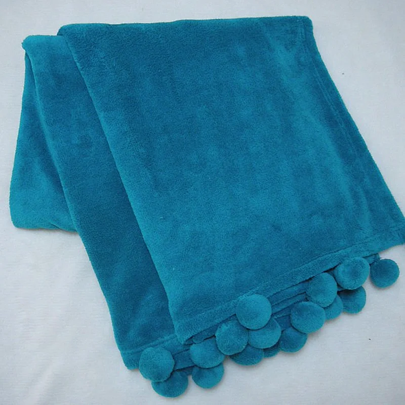 100%Polyester Super Soft Cheap Pom Pom  Coral Fleece Blanket