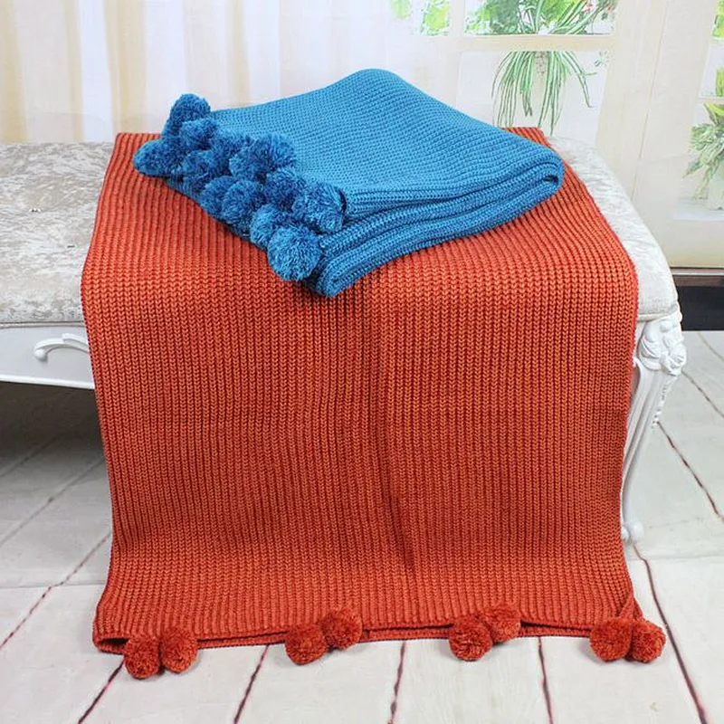 100%Acrylic Sofa Decorative Factory Knitted Pompom Blanket Throw