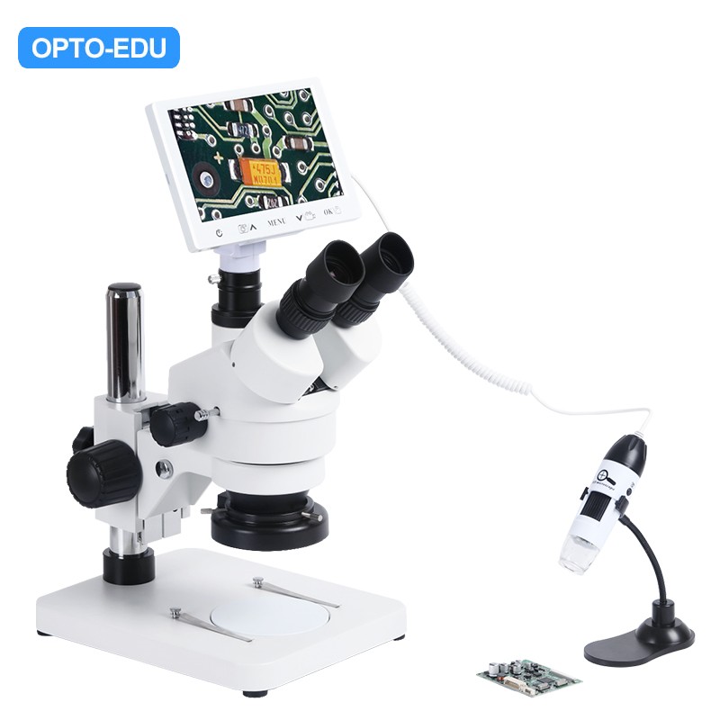 zoom handle Laboratorium OPTO-EDU A36.5102 7" LCD stereo + USB bærbart digitalt mikroskop med  dobbelt linse, 2,0M+1,3M