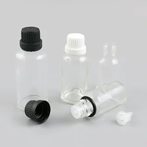 5ml 10ml 15ml 20ml 50ml 100ml clear Glass Essential Oil  bottle With white Black Tamper Evident Cap PE Reducer