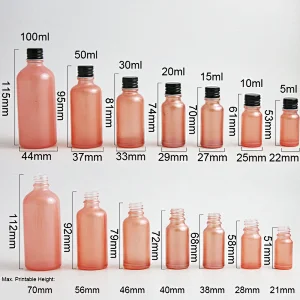 100ml 50ml 30ml 20m 15ml 10ml 5ml pink glass essential oil bottle containers with aluminum lids