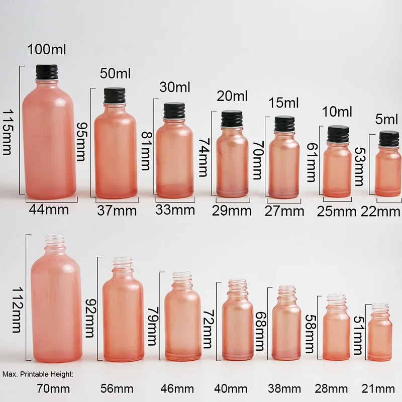 100ml 50ml 30ml 20m 15ml 10ml 5ml pink glass essential oil bottle containers with aluminum lids