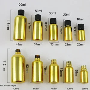 5ml 10ml 15ml 20ml 30ml 50ml 100ml gold glass bottle Mini glass essential oil bottle with Plastic Childproof Lids