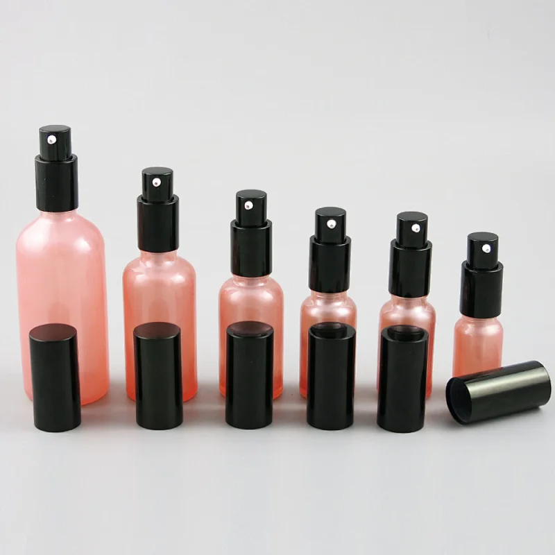 Refillable pink Glass Cream Lotin Pump Bottles Transparent Glass Containers With Pump 100ml 50ml 30ml 20ml 15ml 10ml 5ml