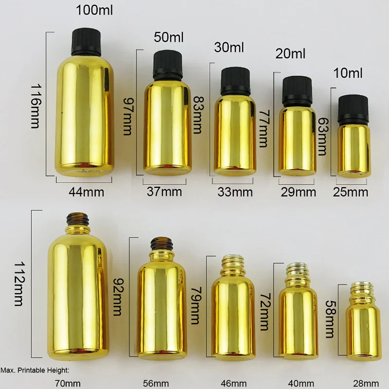 5ml 10ml 15ml 20ml 30m 50ml 100ml gold glass essential oil bottle with Tamper Evident Childproof Cap orifice reduce