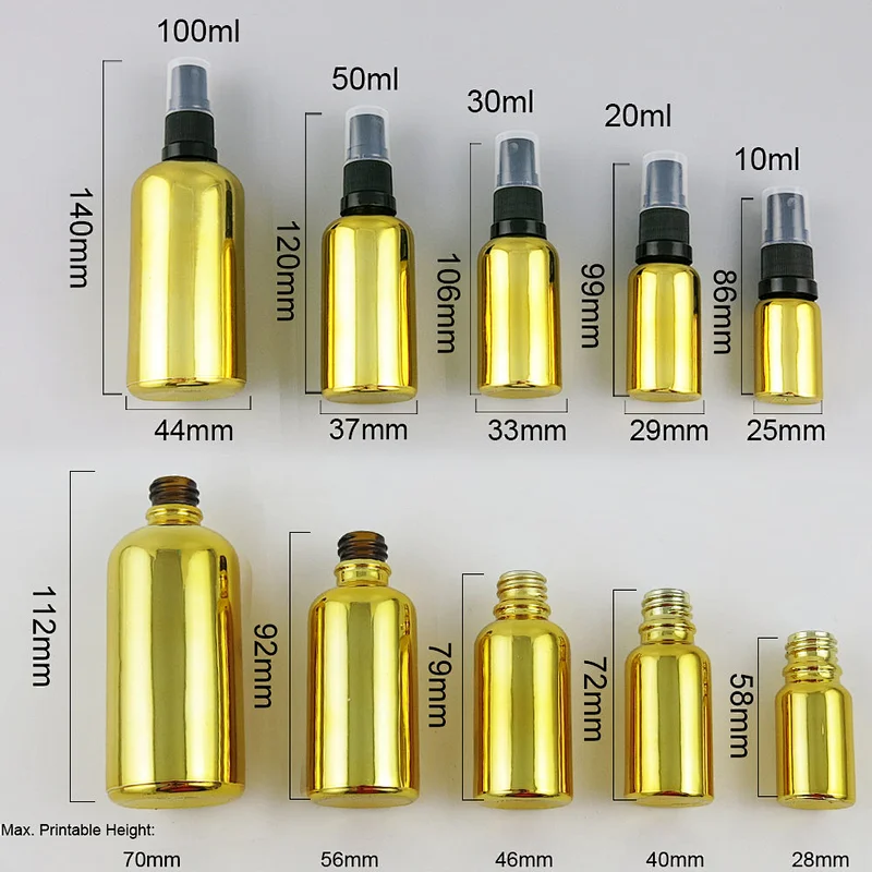 5ml 10ml 15ml 20ml 30ml 50ml 100ml travel gold glass spray bottles essential oil container with Fine mist sprayer