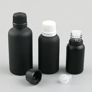 5ml 10ml 15ml 20ml 30ml 50ml 100ml black frost glass essential oil bottles with orifice reducers and black white tamper evident caps