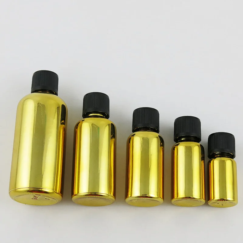 5ml 10ml 15ml 20ml 30ml 50ml 100ml gold glass bottle Mini glass essential oil bottle with Plastic Childproof Lids