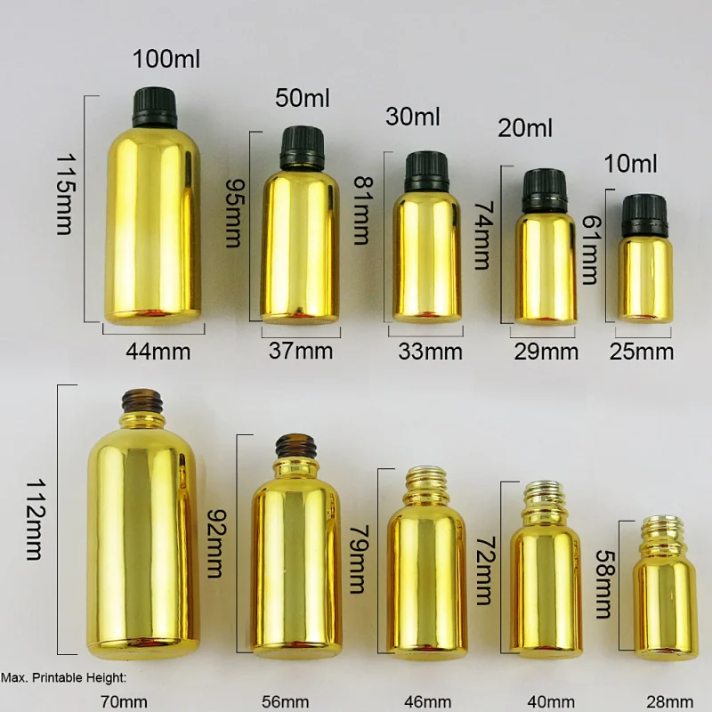 5ml 10ml 15ml 20ml 30ml 50ml 100ml gold glass essential oil bottles with orifice reducers and black white tamper evident caps