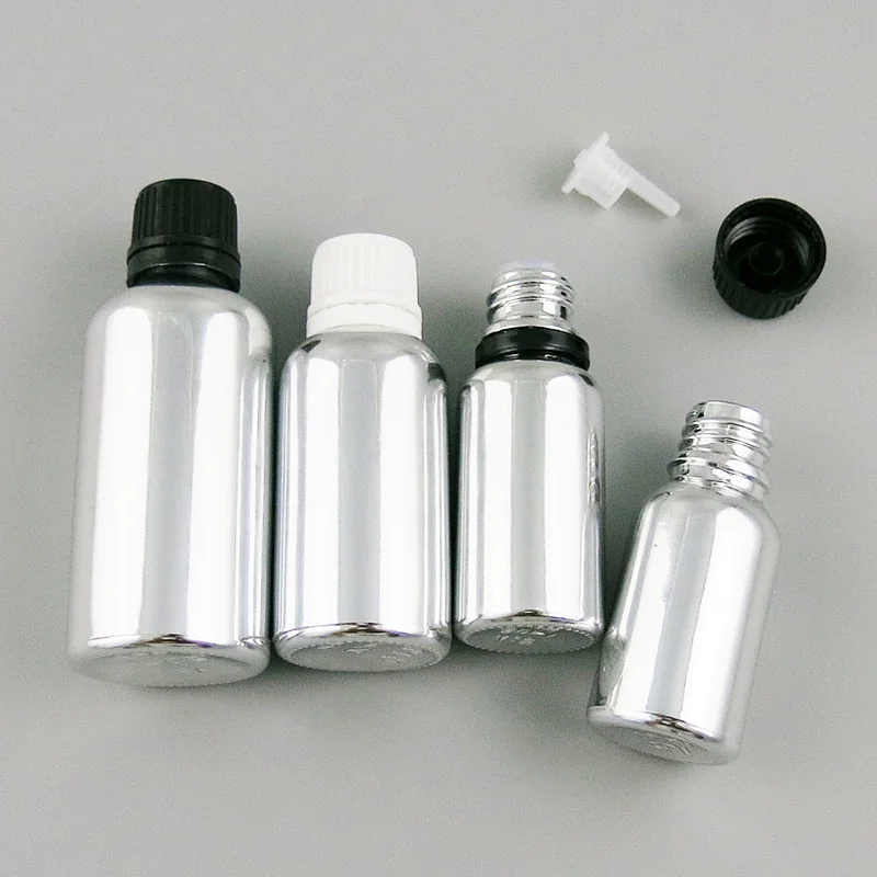 5ml 10ml 15ml 20ml 30ml 50ml 100ml Silver glass essential oil bottles with orifice reducers and black white tamper evident caps