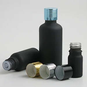 frost black glass essential oil bottles containers packaging with reducer aluminum lids 100ml 50ml 30ml 20ml 15ml 10ml 5ml