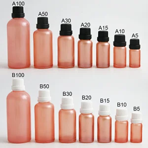 5ml 10ml 15ml 20ml 30ml 50ml 100ml pink glass essential oil bottles vial container with orifice reducers black white tamper evident caps