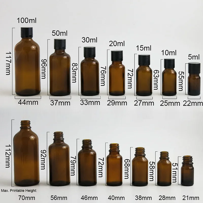 200 x Frost Amber Glass Essential Oil Bottles Container Packaging With Reducer Aluminum Lids 100ml 50ml 30ml 20ml 15ml 10ml 5ml