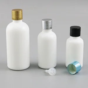 White glass essential oil bottles containers packaging with reducer aluminum lids 100ml 50ml 30ml 20ml 15ml 10ml 5ml