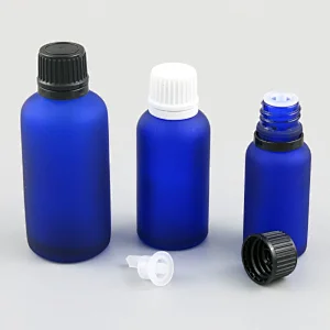 5ml 10ml 15ml 20ml 30ml 50ml 100ml blue frost glass essential oil bottles with orifice reducers and black white tamper evident caps