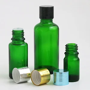 frost green glass essential oil bottles containers packaging with reducer aluminum lids 100ml 50ml 30ml 20ml 15ml 10ml 5ml