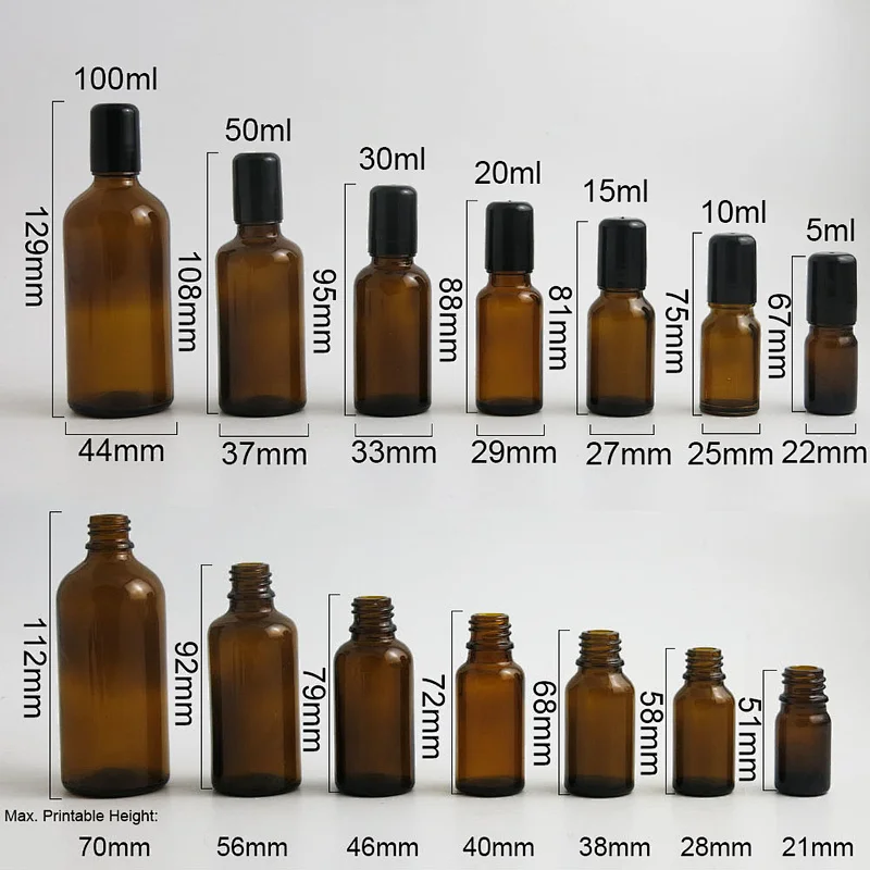5ml 10ml 15ml 20ml 30ml 50ml 100ml Amber Glass Roll on perfume Bottle 1/6OZ 1/3OZ 1/2OZ 1OZ Brown Glass Roller Ball Containers