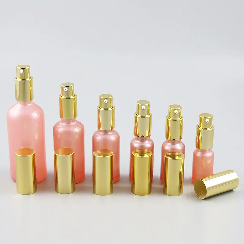 Refillable pink Glass Cream Lotin Pump Bottles Transparent Glass Containers With Pump 100ml 50ml 30ml 20ml 15ml 10ml 5ml