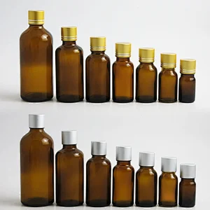 200 x 100m 50ml 30ml20ml15ml 10ml 5ml Empty Amber Brown Boston Round Essential Oil Bottles Containers with Dropper Aluminum lids