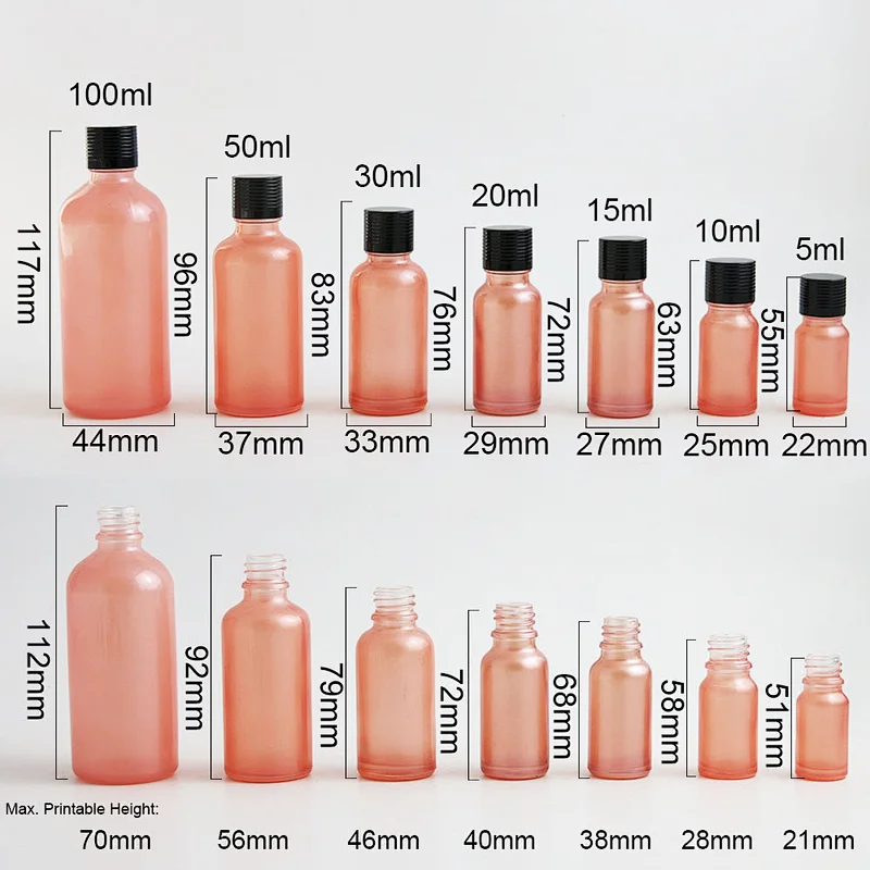 Pink glass essential oil bottles containers packaging with reducer aluminum lids 100ml 50ml 30ml 20ml 15ml 10ml 5ml