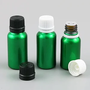 5ml 10ml 15ml 20ml 30ml 50ml 100ml Pearl green glass essential oil bottles with orifice reducers and black white tamper evident caps