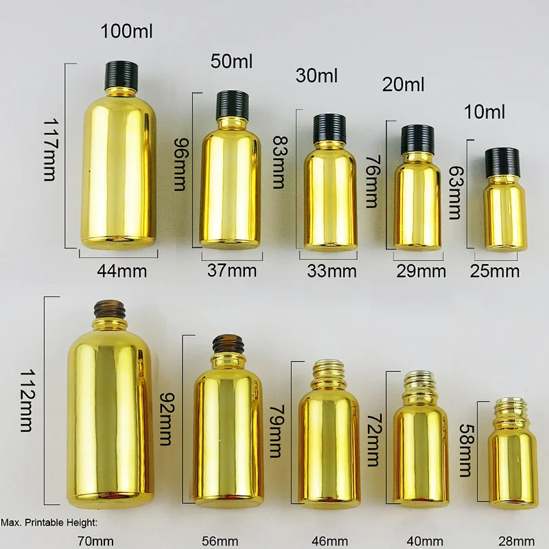 Gold glass essential oil bottles containers packaging with reducer aluminum lids 100ml 50ml 30ml 20ml 15ml 10ml 5ml