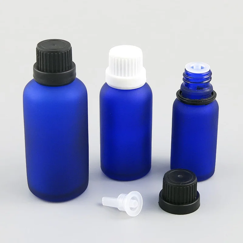 5ml 10ml 15ml 20ml 30ml 50ml 100ml blue frost glass essential oil bottles vial container with orifice reducers black white tamper evident caps