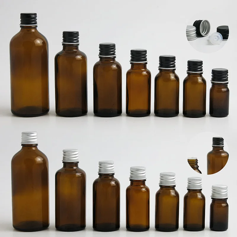 Empty amber glass essential oil bottle containers with aluminum cap with insert 5ml 10ml 15ml 20ml 30ml 50ml 100ml 12pcs