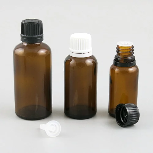 12 x 100ML 50ML 30ML 20ML 10ML 5ML Travel Empty Small Amber Boston Round Glass Essential Bottle White Black Tamper Evident Cap