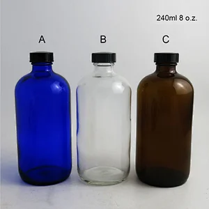 240ml Large Refillable Amber Cobalt Blue Clear Boston Round Glass Bottles with Black Polyseal (Cone)