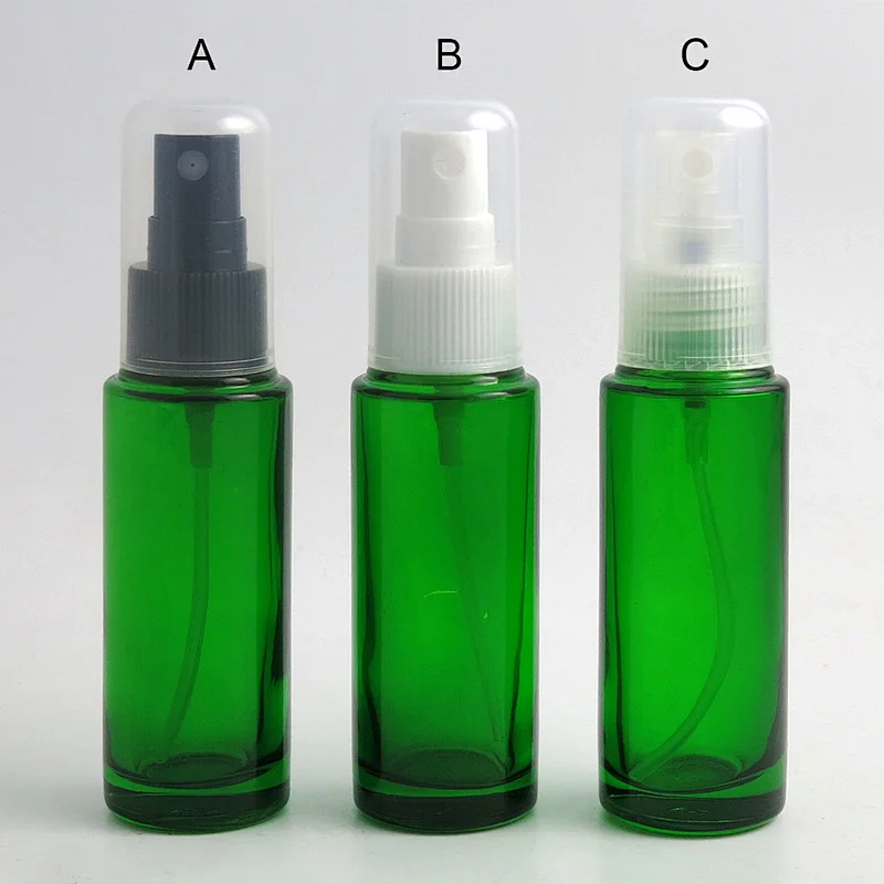 Empty Green Glass 30ml Boston Round Bottle with Black White Sprayer Glass Cosmetic Container