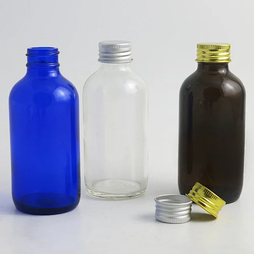 120ml Big Refillable Boston Round Glass Bottle with Aluminum Cap Blue Amber Clear Glass Containers Packaging