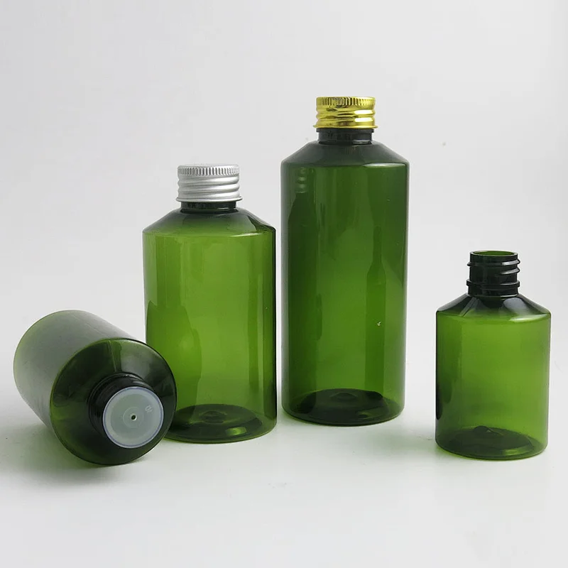 Green palstic 50ml 100ml 150ml 200ml Bottle PET perfume lotion cream Bottle with gold & silver aluminum lids