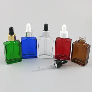 30ml Colorful empty flat square glass bottle with aluminum dropper 1oz Empty cosmetic glass dropper container