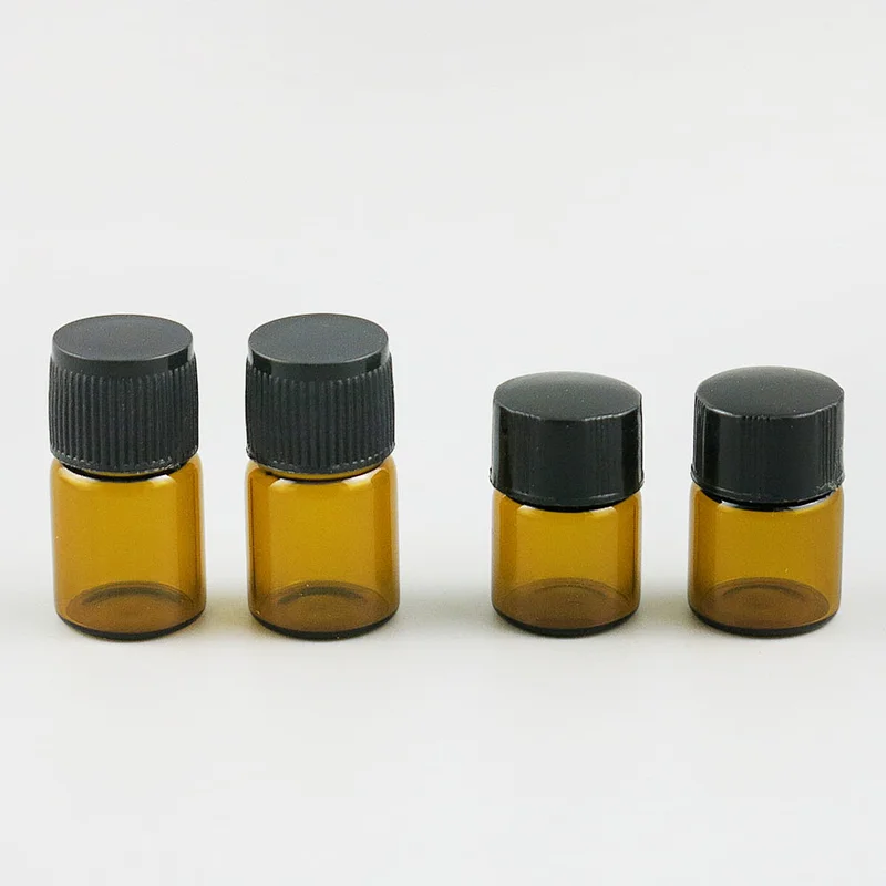 1ml 2ml Mini Amber Glass Bottles with Black Screw Top Cap&Butyl Stopper Empty Jars Vial Candy Vanilla Pill Food Perfume Bottle Metal Cap Jars