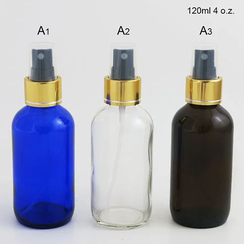 Blue Clear Amber120ml Empty Boston Round blue Perfume Bottle with Pet Mist Sprayer 120ml Glass Container