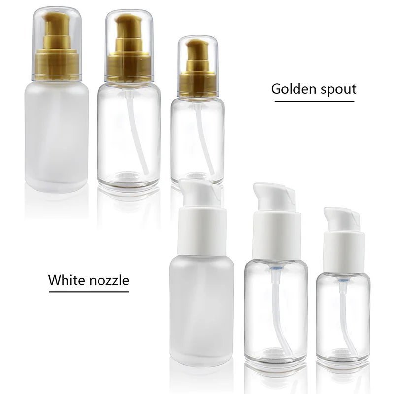 Wholesale Factory 30ml 50ml Cosmetic Skincare Packaging Flat Empty Luxury Frosted Round Glass Body Lotion Pump Glass Bottle