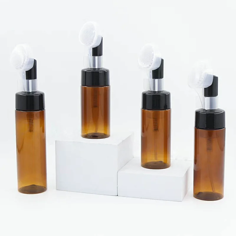 Cosmetic Packaging 100ml 120ml 150ml 200ml PET Empty  Amber Transparent Foam Soap Dispenser Bottle with Oval Rubber Brush