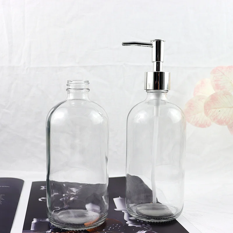 Wholesale Cheap Clear Glass Hand Soap Dispenser Bottle With Rust Proof Pump 500ml Round Glass Soap Dispenser With Pump Lid