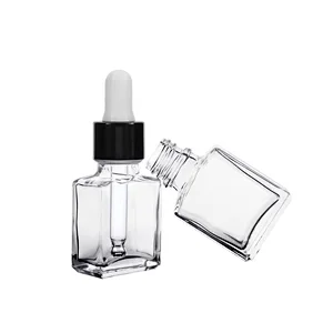 Popular empty clear flat square rectangle 12mL 15mL Cosmetic Skincare Packaging Glass Dropper oil Serum Bottle with Bamboo Cap