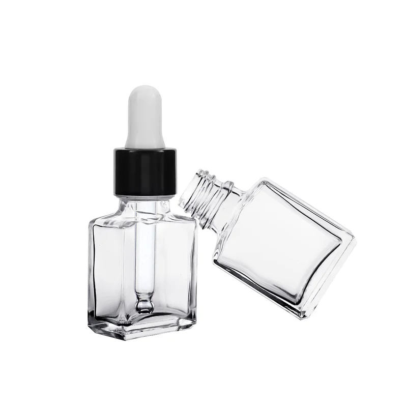 Popular empty clear flat square rectangle 12mL 15mL Cosmetic Skincare Packaging Glass Dropper oil Serum Bottle with Bamboo Cap