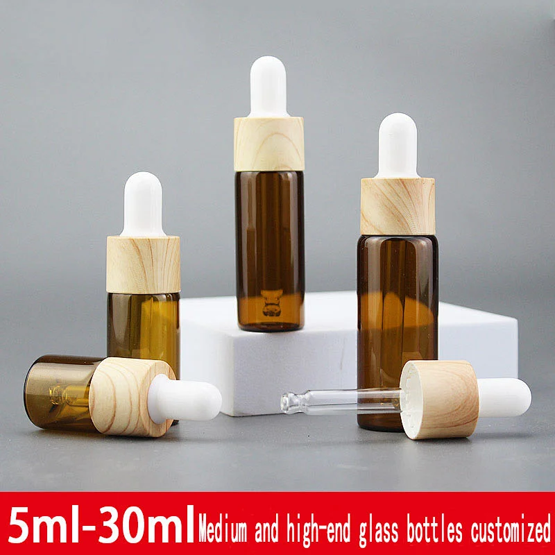 5mL 10mL 15mL 20mL 30mL high end amber clear dropper cylinder glass essential oil bottles with wooden grain lid