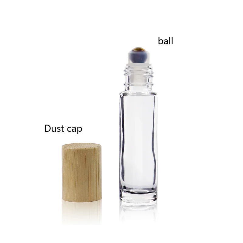 wholesale 5ml 10ml Refillable Bamboo Roll On Bottle Essential Oil Clear Glass Stainless Steel Roller Bottle With Bamboo Cap