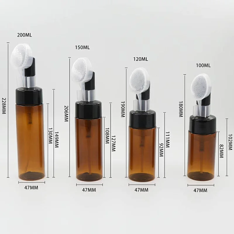 Cosmetic Packaging 100ml 120ml 150ml 200ml PET Empty  Amber Transparent Foam Soap Dispenser Bottle with Oval Rubber Brush