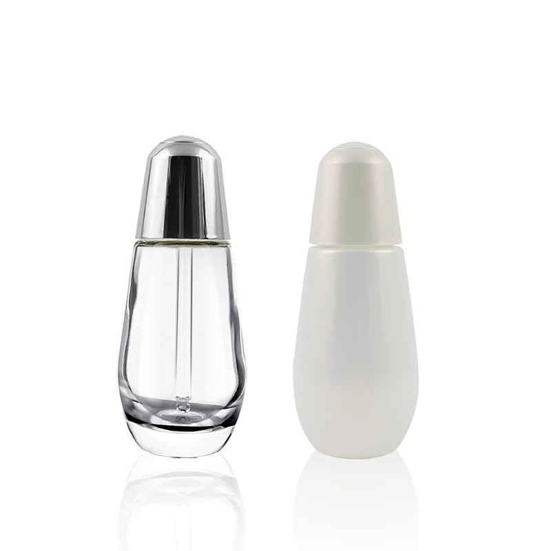Wholesale 30mL Conical Clear Empty Essential Oil Glass Bottle Cosmetic Packaging Dropper Bottle With Press Top Button With Gold Silver White Cap