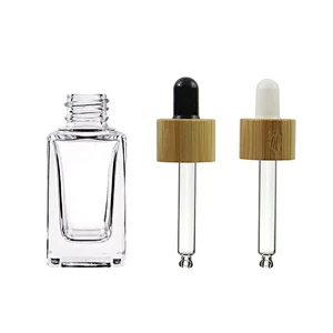 Factory Cheap Small 10ml 15ml Custom Glass Square Clear Bottles With Bamboo Dropper