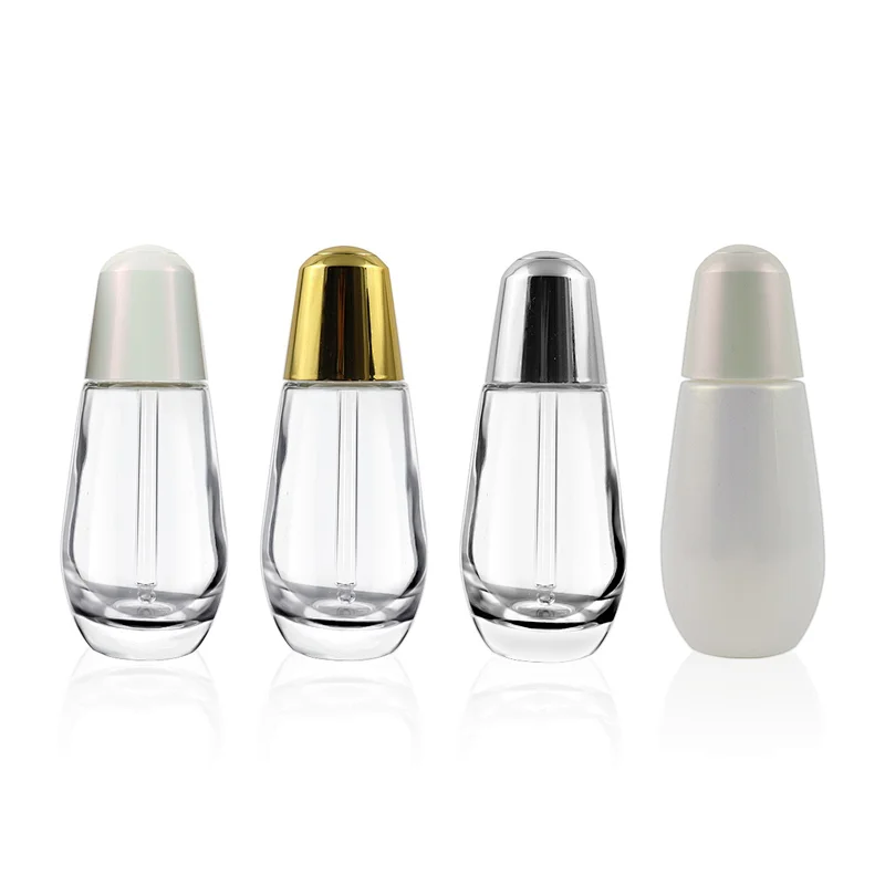 Wholesale 30mL Conical Clear Empty Essential Oil Glass Bottle Cosmetic Packaging Dropper Bottle With Press Top Button With Gold Silver White Cap