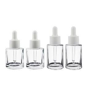 Wholesale 30mL Clear Round Glass Dropper Bottle Flat Shoulder For Essential Oil With White Cap