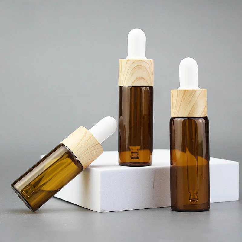 5mL 10mL 15mL 20mL 30mL high end amber clear dropper cylinder glass essential oil bottles with wooden grain lid