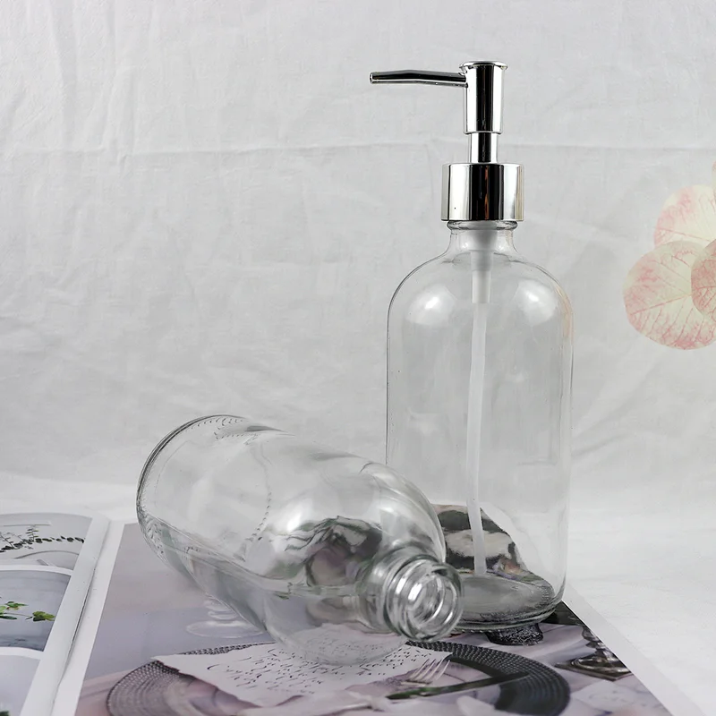 Wholesale Cheap Clear Glass Hand Soap Dispenser Bottle With Rust Proof Pump 500ml Round Glass Soap Dispenser With Pump Lid